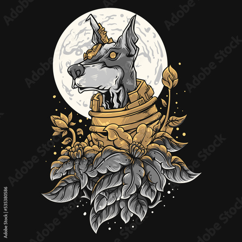 Vector Illustration Colorful Cyborg Dog Surrounded By Flower Under Full Moon On space Vintage Illustration