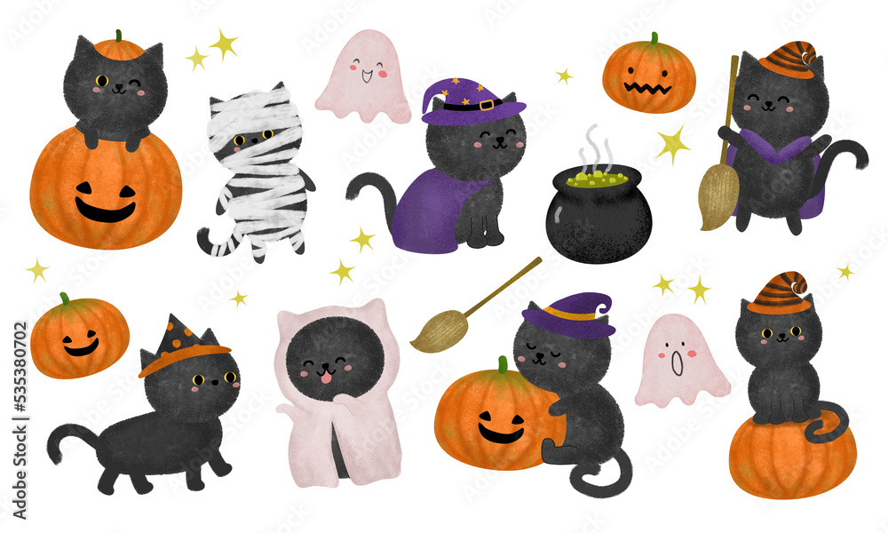 cute watercolor black cat with witch hat on Halloween orange pumpkin, trick or treat, animal character illustration. cute watercolor black cat with witch hat on Halloween orange pumpkin, trick or treat, animal character illustration.