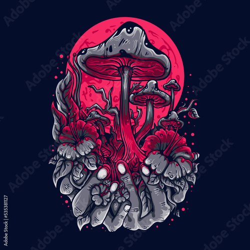 Vector Illustration Colorful Mushroom Forest On The Hand With Full Moon Vintage Illustration