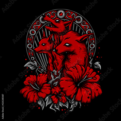 Vector Illustration Colorful Scary 3 Headed Hellhound Cerberus Surrounded By Flowers