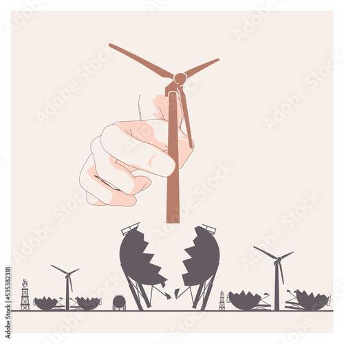 Hand holding wind turbine and destroy gas storage. Green energy concept