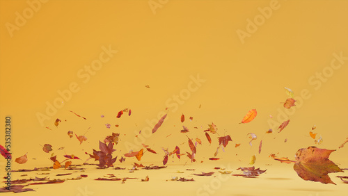Yellow Holiday Background with Falling Autumn Leaves. Natural Banner with copy-space. photo