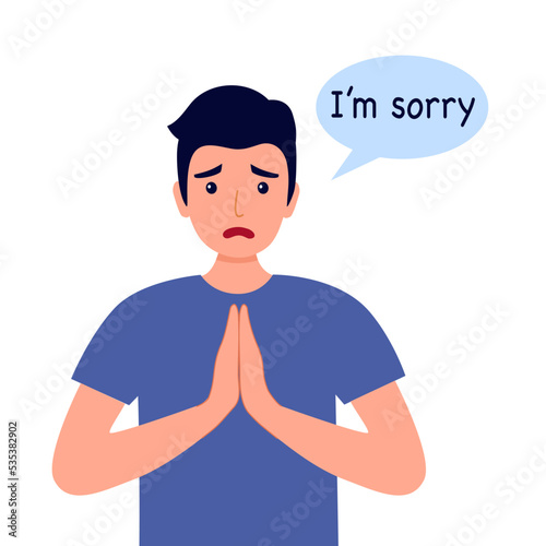 Man saying I’m sorry in flat design on white background. Apologize.