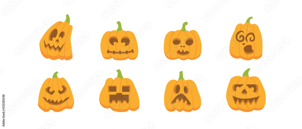 Set of pumpkins halloween spooky elements, jack-o-lantern various objects flat vector illustration