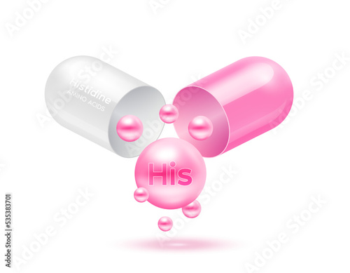 Histidine amino acid float out of the capsule. Vitamins complex and minerals pink isolated on white background. For food supplement ad package design. Science medic concept. 3D Vector EPS10.