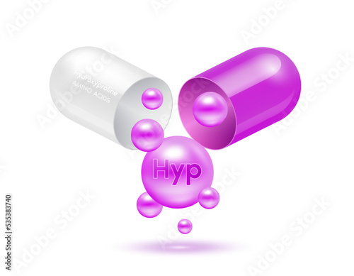 Hydroxyproline amino acid float out of the capsule. Vitamins complex and minerals purple isolated on white background. For food supplement ad package design. Science medic concept. 3D Vector EPS10.