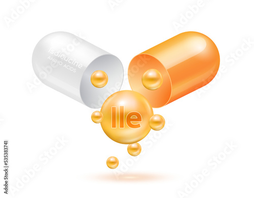 Isoleucine amino acid float out of the capsule. Vitamins complex and minerals orange isolated on white background. For food supplement ad package design. Science medic concept. 3D Vector EPS10.