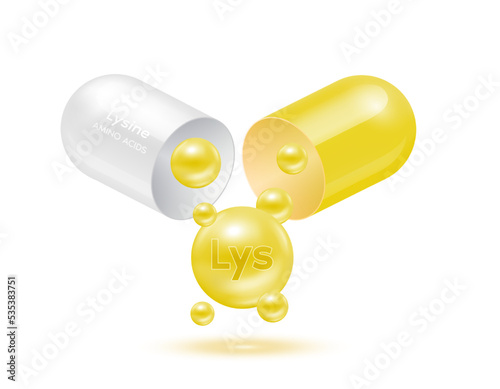 Lysine amino acid float out of the capsule. Vitamins complex and minerals yellow isolated on white background. For food supplement ad package design. Science medic concept. 3D Vector EPS10.