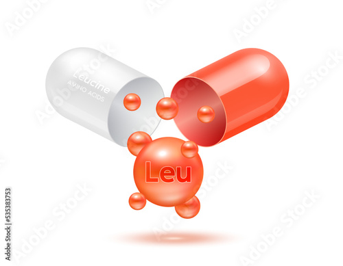 Leucine amino acid float out of the capsule. Vitamins complex and minerals orange isolated on white background. For food supplement ad package design. Science medic concept. 3D Vector EPS10.