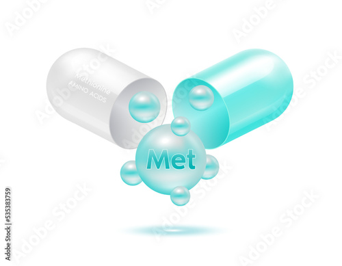 Methionine amino acid float out of the capsule. Vitamins complex and minerals blue isolated on white background. For food supplement ad package design. Science medic concept. 3D Vector EPS10.