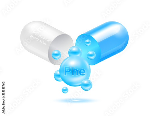 Phenylalanine amino acid float out of the capsule. Vitamins complex and minerals blue isolated on white background. For food supplement ad package design. Science medic concept. 3D Vector EPS10.