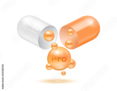 Proline amino acid float out of the capsule. Vitamins complex and minerals orange isolated on white background. For food supplement ad package design. Science medic concept. 3D Vector EPS10.