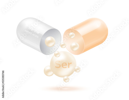 Serine amino acid float out of the capsule. Vitamins complex and minerals cream isolated on white background. For food supplement ad package design. Science medic concept. 3D Vector EPS10.