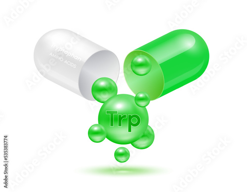 Tryptophan amino acid float out of the capsule. Vitamins complex and minerals green isolated on white background. For food supplement ad package design. Science medic concept. 3D Vector EPS10.