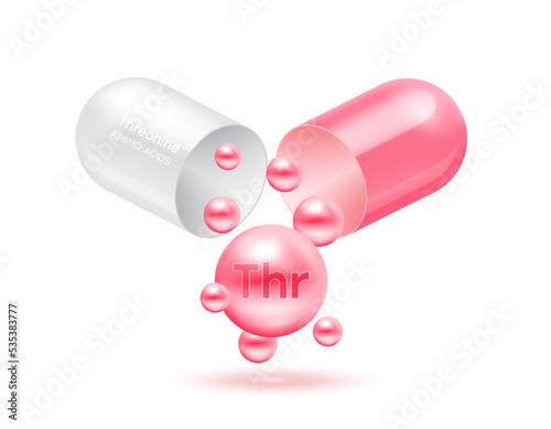 Threonine amino acid float out of the capsule. Vitamins complex and minerals pink isolated on white background. For food supplement ad package design. Science medic concept. 3D Vector EPS10.