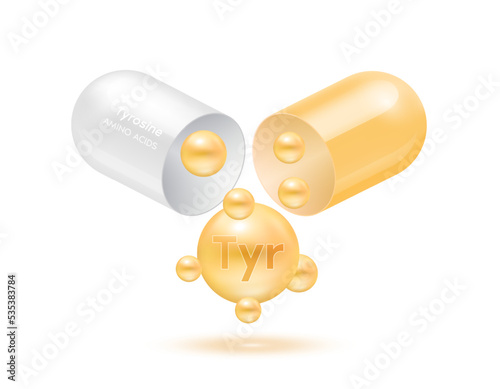 Tyrosine amino acid float out of the capsule. Vitamins complex and minerals orange isolated on white background. For food supplement ad package design. Science medic concept. 3D Vector EPS10.