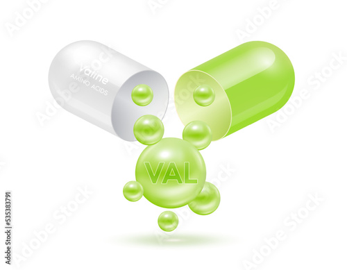 Valine amino acid float out of the capsule. Vitamins complex and minerals green isolated on white background. For food supplement ad package design. Science medic concept. 3D Vector EPS10.