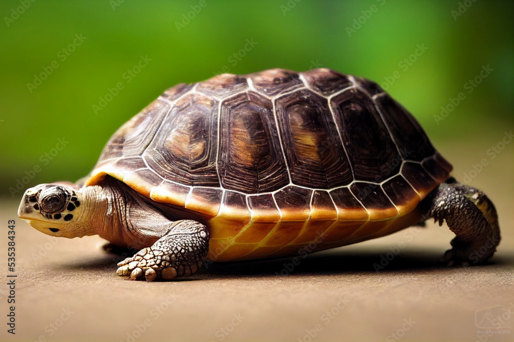 Obraz premium Baby Sulcata Turtle on Blurry Background, Cute Baby Tortoise Walking on Stage, Exotic Young Tortoise Pet Walking in Blurry Green Background 
