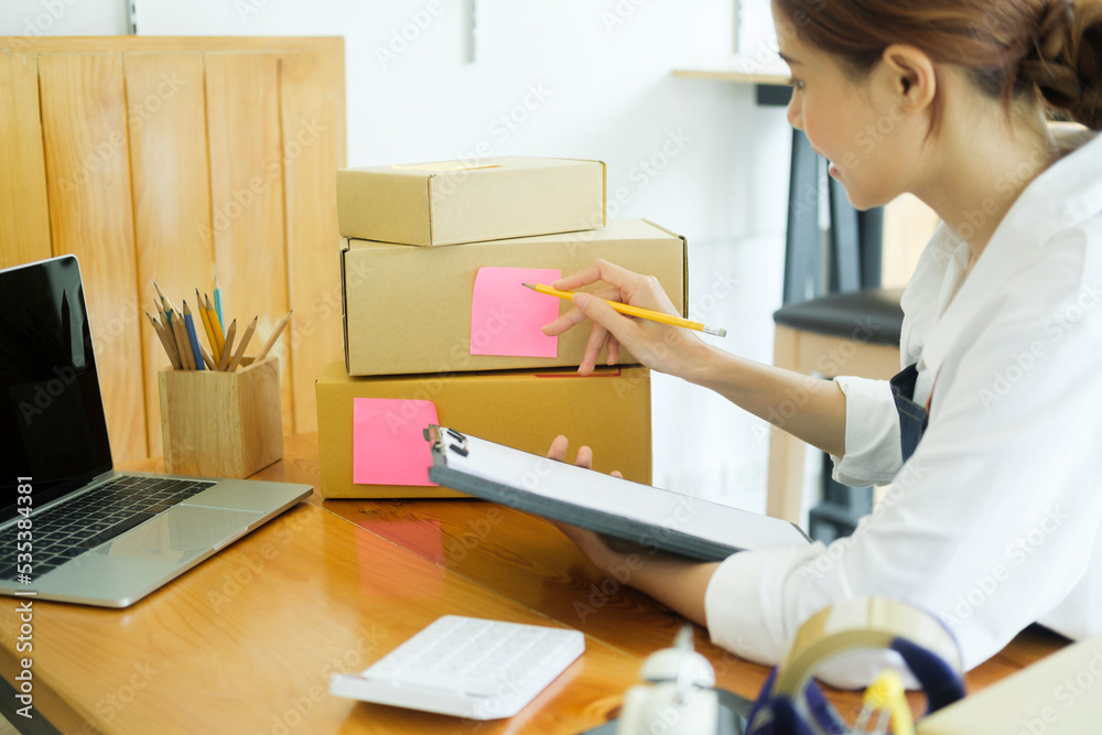 Female entrepreneur checking order preparing for delivery. Female entrepreneur checking order preparing for delivery.