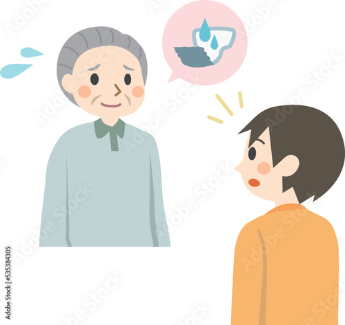 尿とりパットの交換を頼む高齢者
