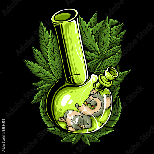 colorful Cannabis smoking device with rat smoking marijuana inside on marijuana leaf background for t shirt design