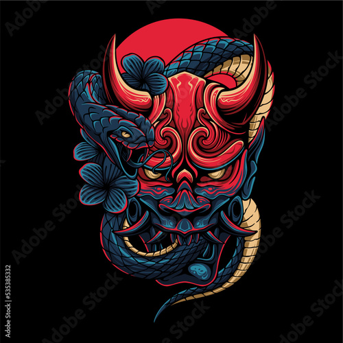 Colorful The devils mask with a snake wrapped around it on a circle background for t shirt design