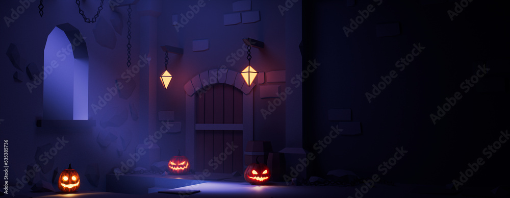 Halloween Scary pumpkins with Doorway, in a Fun Medieval Castle at Night. Halloween banner with copy-space. Halloween Scary pumpkins with Doorway, in a Fun Medieval Castle at Night. Halloween banner with copy-space.