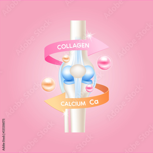 Healthy bone with a circular arrow around. Calcium and collagen. Vitamins minerals logo products template design. Medical food supplement concepts. 3D Realistic Vector EPS10.