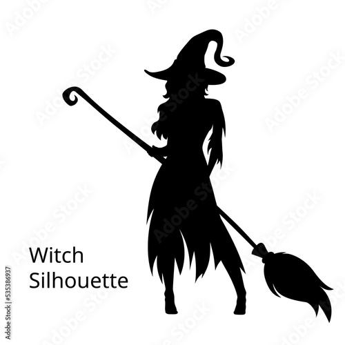 Silhouette of halloween beautiful sexy witch with broom and hat, vector illustration isolated