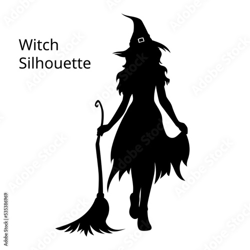 Silhouette of halloween beautiful sexy witch with broom and hat, vector illustration isolated