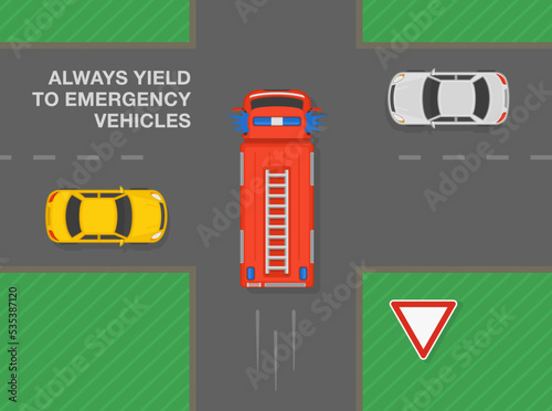 Safe driving tips and traffic regulation rules. Always give way to emergency vehicles at crossroads. Fire truck car goes first at intersection with give way sign. Flat vector illustration template. photo