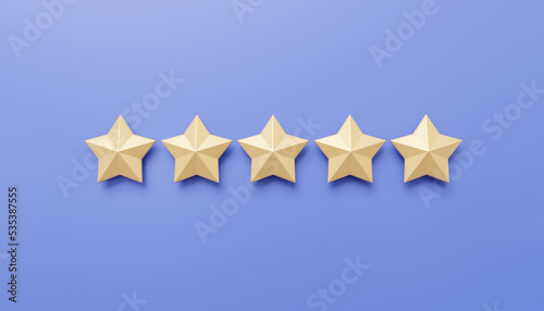 Gold five star score customer rating premium quality guarantee feedback concept on purple pastel background. cartoon minimal cute smooth, satisfaction warranty icon. 3d rendering illustration