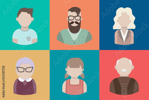 Color vector flat icon set and illustration different people of family. Icons in a square