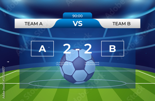 Football soccer scoreboard or match result design template on illuminated stadium background vector illustration