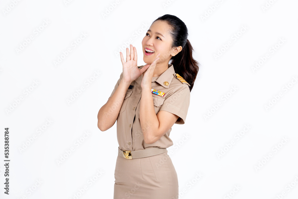 Asian teacher with open mouths raising hands screaming announcement isolated on white background, Human emotions. Facial expression concept. Asian teacher with open mouths raising hands screaming announcement isolated on white background, Human emotions. Facial expression concept.