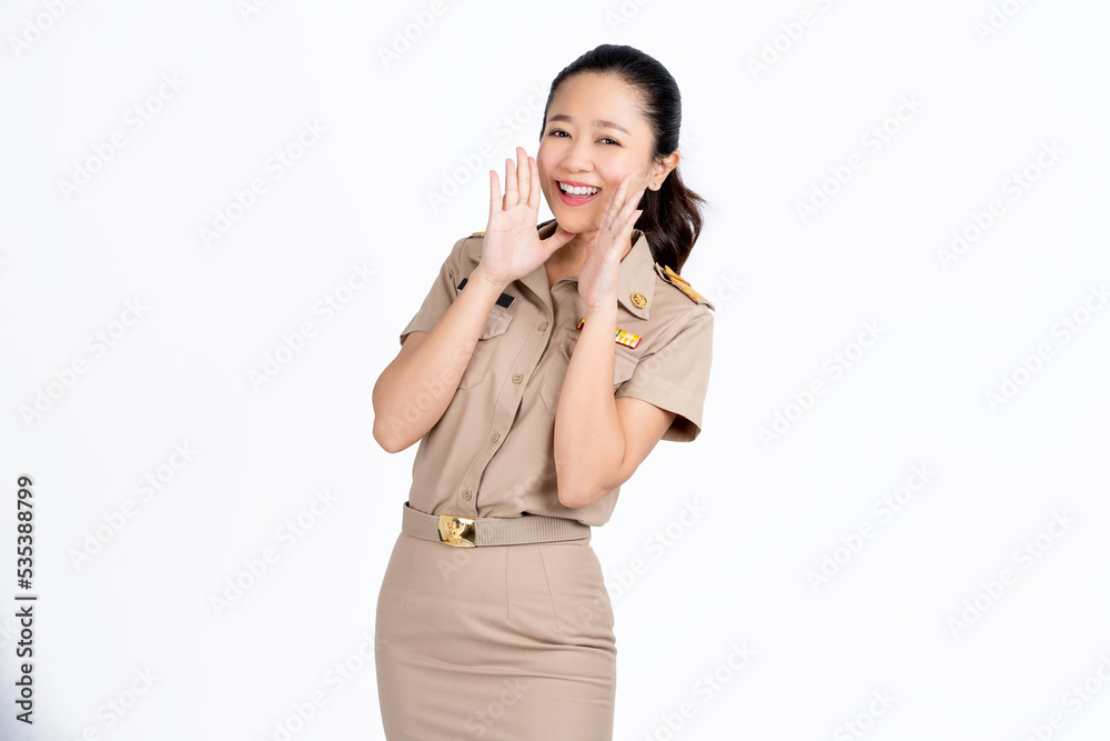 Young teacher girl of Asian ethnicity in university uniform open mouths raising hands screaming announcement isolated on white background. Young teacher girl of Asian ethnicity in university uniform open mouths raising hands screaming announcement isolated on white background.