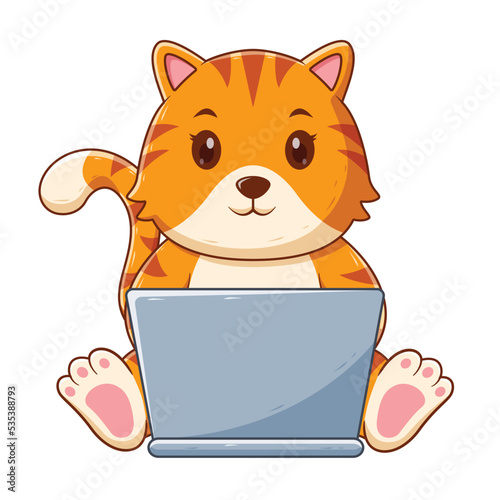 Cute Cat Working On Laptop Cartoon. Animal Icon Concept. Flat Cartoon Style. Suitable for Web Landing Page  Banner  Flyer  Sticker  Card