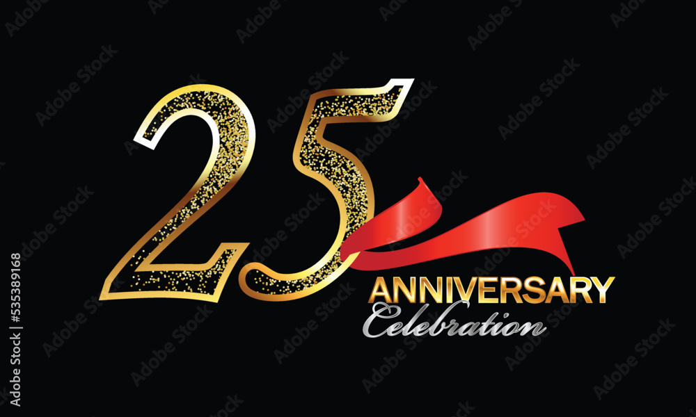 25 Year Anniversary celebration Vector Design with red ribbon and glitter. 25th Anniversary celebration. Gold Luxury Banner of 25th Anniversary. twenty-fifth celebration card
