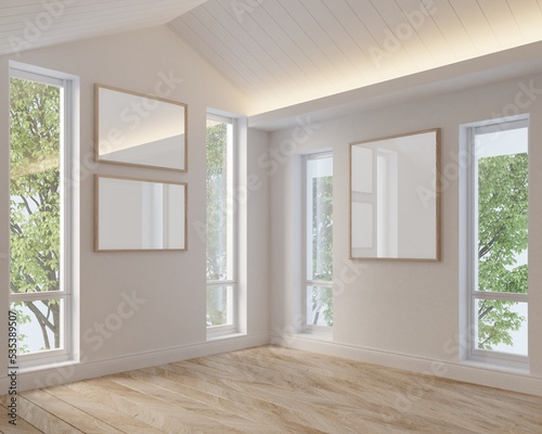 Empty room white tone and mock up picture frames interior home.3d rendering