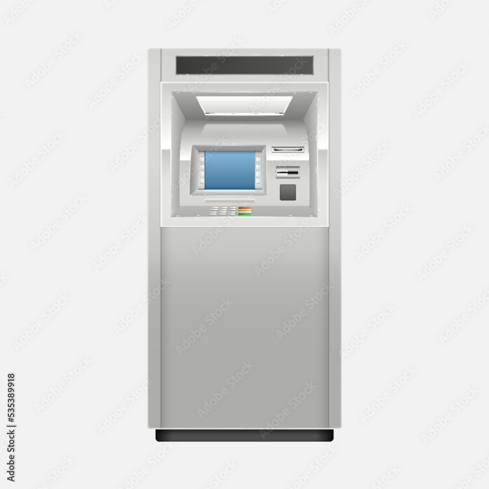 Atm bank cash machine 3d. Realistic front view of atm street kiosk with screen, keypad and slots Atm bank cash machine 3d. Realistic front view of atm street kiosk with screen, keypad and slots