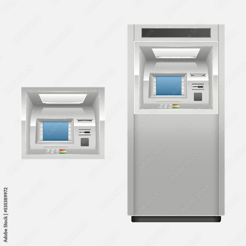 ATM machine and screen closeup realistic. Bank terminal for transaction, withdraw money and deposit ATM machine and screen closeup realistic. Bank terminal for transaction, withdraw money and deposit