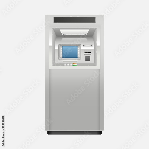 Atm bank cash machine 3d. Realistic front view of atm street kiosk with screen, keypad and slots