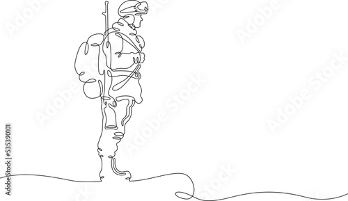 One continuous line.Modern military man in outfit. Soldier with weapons. Warrior in uniform.  One continuous line is drawn on a white background.