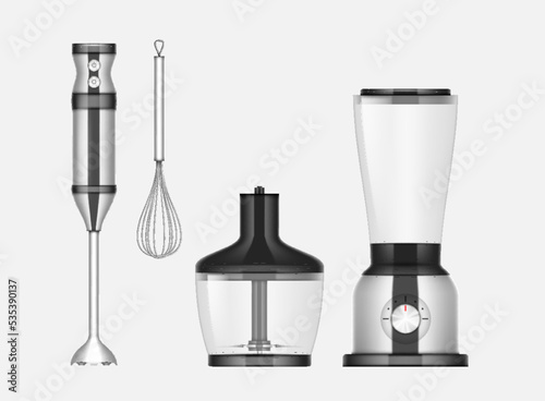 Blender, food processor and whisk set. Immersion blender cup and container with cut sharp blade