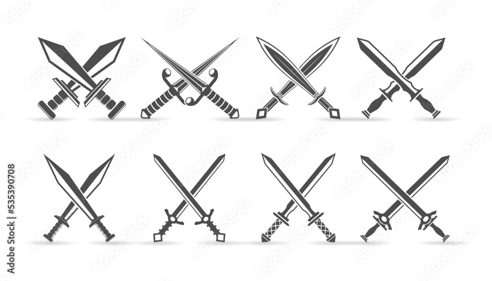 Fototapeta premium Crossed swords icon set. swords logo elements, Collection of silhouette illustrations, crossed swords vector