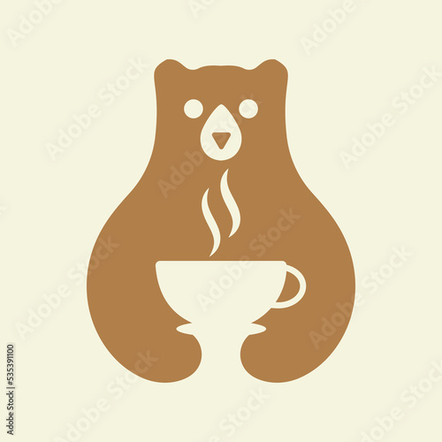 Initial Bear Tea Cup Logo Negative Space Vector Template. Bear Holding Tea Cup Symbol