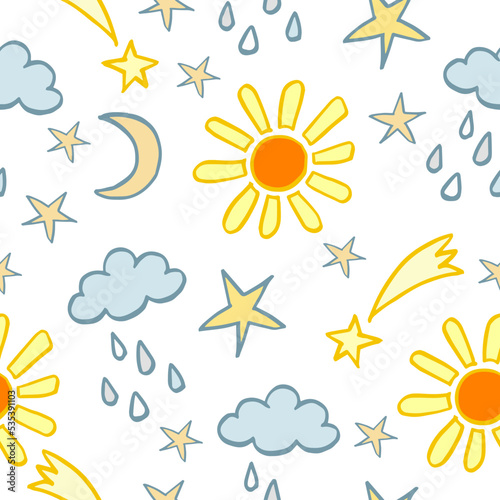Seamless weather pattern with cute sun, moon and raining clouds on white background. Funny kids characters on endless background. Colorful vector illustration in flat cartoon style