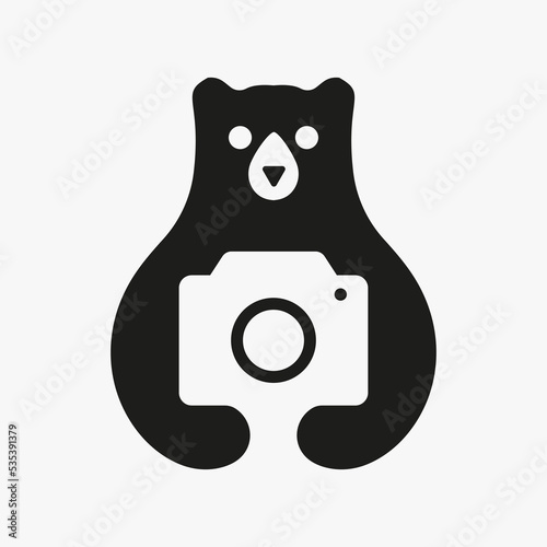 Initial Bear Photographer Logo Negative Space Vector Template. Bear Camera Coffee Symbol