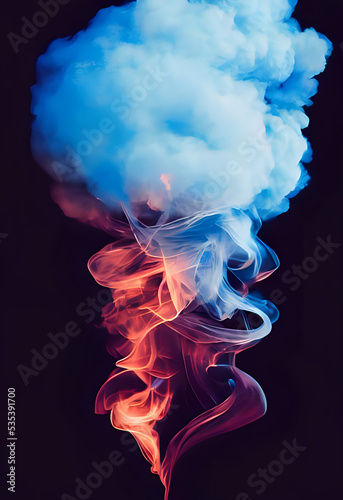 Red and blue smoke or vapor on a black background