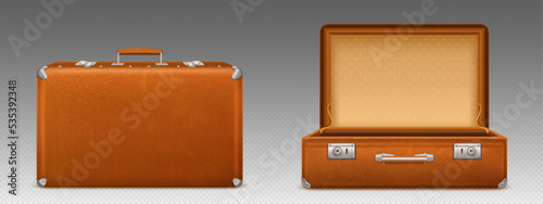 Open and closed vintage brown leather suitcase png. Realistic vector illustration of rectangular retro luggage bag with handle isolated on transparent background. Traver and vacation accaessory